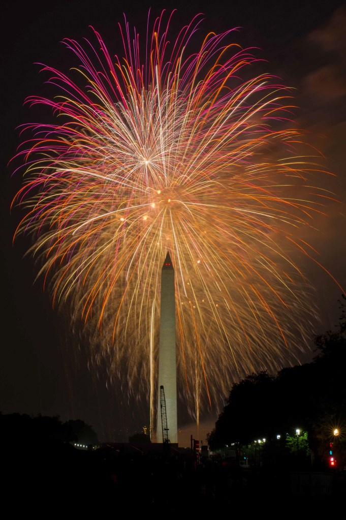 Celebration with fireworks over Washington Monument near Fairfax VA